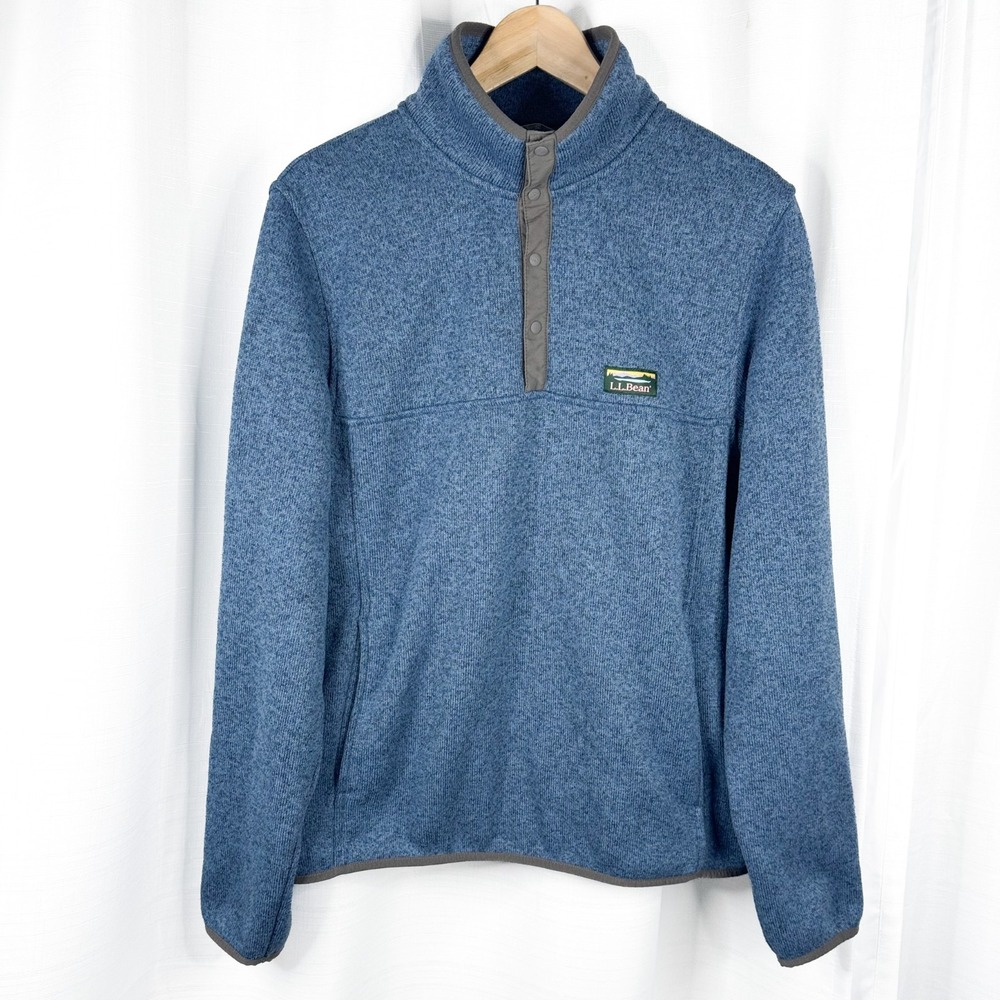 L.L.Bean Men's Sweater Fleece Pullover M Blue Snap Neck Kangaroo Pocket EUC